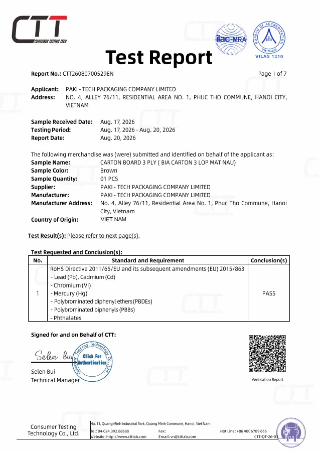 Chứng chỉ RoHS Bìa Carton 3 Lớp